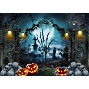 Scary Skeleton Broken Spooky Hand Skull Cemetary Gate Halloween Backdrop Party Decorations Background