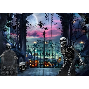 Night Spooky Skull Scary Cemetary Gate Halloween Backdrop 