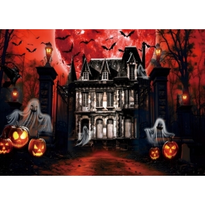 Scary Hunted Castle Red Full Moon Spooky Ghost Halloween Backdrop