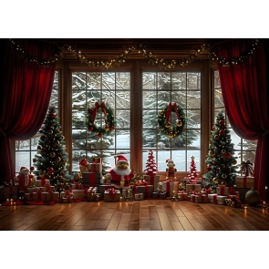 Red Curtain Christmas Window Backdrop Studio Party Decoration Background
