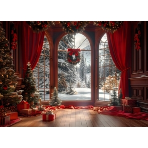 Winter Snow Red Curtain Christmas Window Backdrop Studio Party Decoration Background