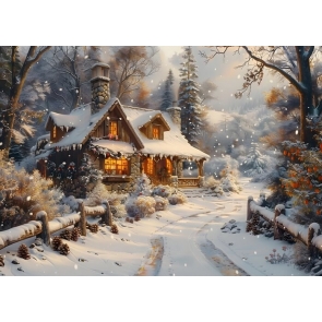 Country Road Covered With Snow In Forest Fairy Tale World Christmas Cabin Backdrop