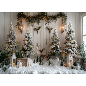 Indoor White Wooden Wall  Christmas Tree New Year Decoration Background