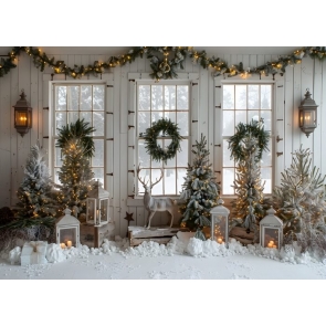 White Wooden Wall Window Christmas Tree Backdrop New Year Decoration Background