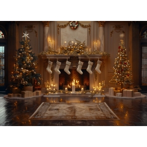 Christmas Tree Fireplace Backdrop New Year Decoration Background