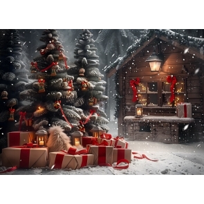 Christmas Gift  House Christmas Tree Backdrop New Year Decoration Background