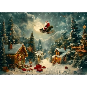 Santa Claus Soaring Over Snowy Backdrop Christmas Party Decoration Background