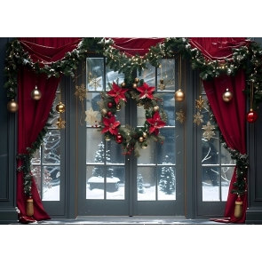 Winter Snow Red Curtain Window Christmas Party Backdrop New Year Decoration Background
