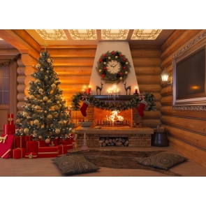 Luxury Wood House Christmas Tree Background Merry Christmas Party Backdrop