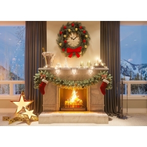 Luxury Fireplace Glass Window Background Merry Christmas Party Backdrop