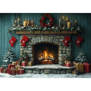 Retro Fireplace Christmas Tree Backdrop New Year Decoration Background