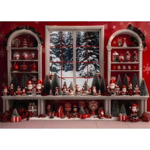 Red Retro Wooden Bookshelf Gift Christmas Cabinet Backdrop Party Decoration Background