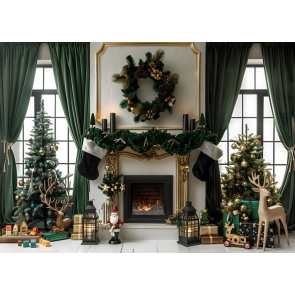 Retro Christmas Fireplace Tree Backdrop New Year Decoration Background