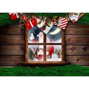 Santa Claus Outside Wood Board Window Christmas Party Backdrop