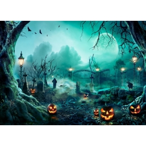 Under The Moon Sky Scary Cemetery Pumpkin Halloween Party Backdrop