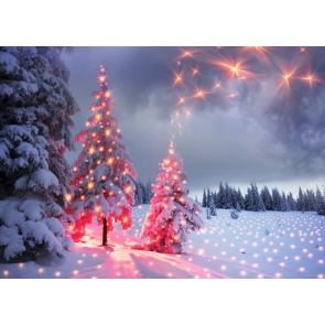 Snow Covered Christmas Tree Red Light Dress Up Christmas Party Backdrop