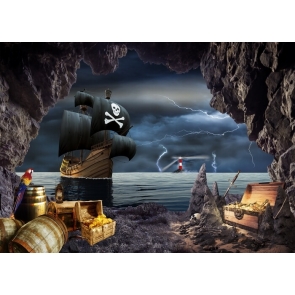 Under Lightning Pirate Ship Backdrop Halloween Stage Party Background