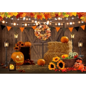 Wooden Wall Haystack Pumpkin Halloween Party Backdrop 