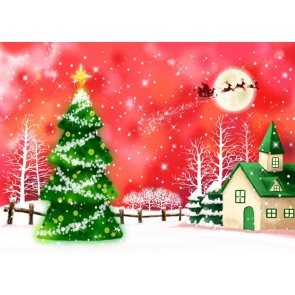 Sleigh Flying in Red Sky Christmas Tree Background Christmas Backdrops For Stage