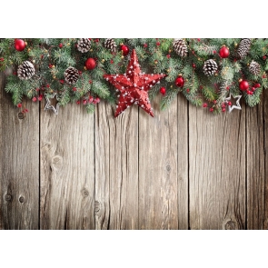 Christmas Tree Branch Red Pentagram wood Board Background Rustic Christmas Backdrop