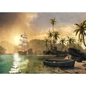 On The Sea In Sunset Pirate Ship Backdrop Stage Party Background