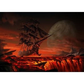 On Red Magma Scary Pirate Ship Backdrop Halloween Stage Party Background