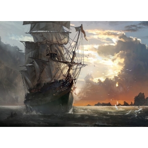  In Sunset Scary Pirate Ship Backdrop Halloween Stage Party Background