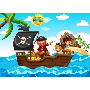 Cartoon Pirate Ship Backdrop Kids Birthday Party Background 
