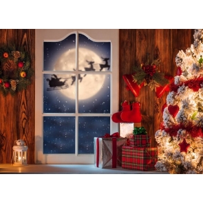 Santa Claus Flying Sleigh Outside Window Christmas Backdrop Studio Photography Background