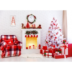 White Bricks Wall Fireplace Christmas Tree Background Christmas Party Backdrop