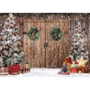 Barn Wood Door Wreath Christmas Tree Backdrop Photography Background