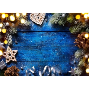 Pinecone Christmas Tree Branch Blue Wood Board Rustic Christmas Backdrop