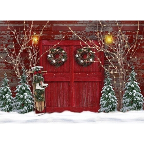 Winter Red Wooden Door Christmas Tree Backdrop Studio Party Photography Background