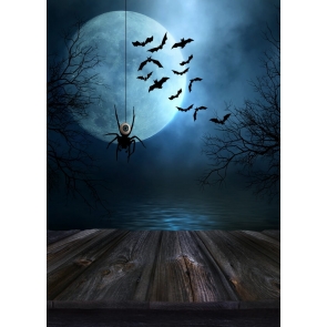 Moon Bat Spider Wooden Floor Halloween Backdrop Party Stage Background