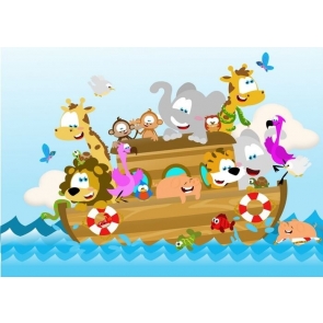 On The Sea Boat Cartoon Safari Happy Birthday Party Backdrop Photography Background