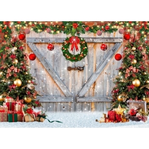 Western Pine Tree Wooden Barn Door Christmas Backdrop Family Party Studio Photography Background