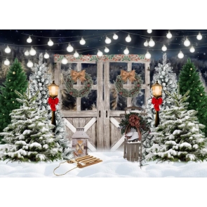 Fairy Lights Wooden Door Christmas Tree Backdrop Stage Studio Party Background
