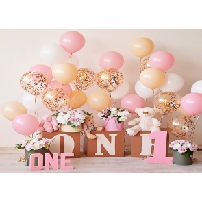 Simple Balloon Theme Baby Girl One Year Old First 1st Happy Birthday Backdrop Cake Smash Decoration Prop Photography Background