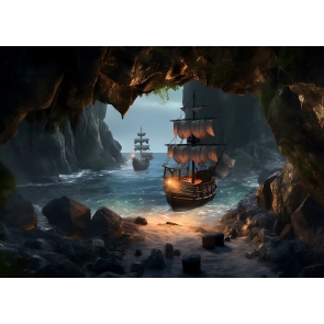 In The Island Old Pirate Ship Backdrop Party Background Banner Poster