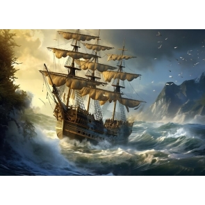 In The Waves Pirate Ship Backdrop Party Background Banner Poster