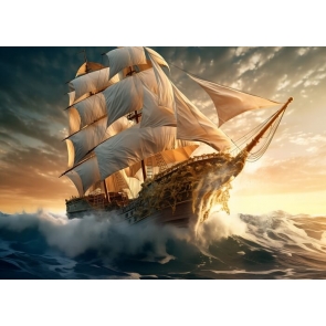 Under The Sunset White Sailing Pirate Ship Backdrop Party Background Banner Poster