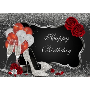 Sparkly Silver Glitter Diamond High Heels Balloons Red Rose Women Happy Birthday Party Backdrop Photography Background Decoration Prop