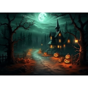 Dirt Road In Moonlight Wooden House Halloween Backdrop