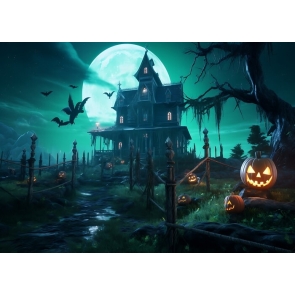 Wooden House Castle Moon Pumpkin Halloween Backdrop 