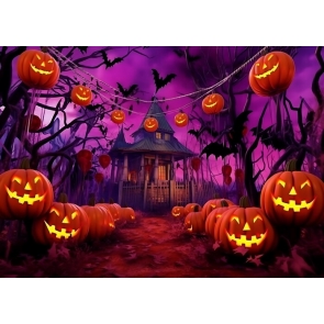 Scary Pumpkin Forest Wooden House Halloween Backdrop Stage Party Photography Background