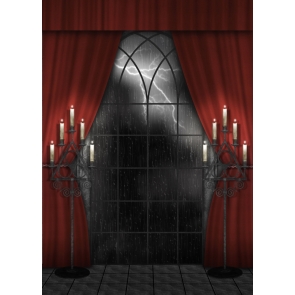 Red Curtain Glass Window Lightning Halloween Party Backdrop Decoration Photography Background