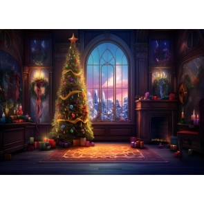 Retro Windows Christmas Tree Room Backdrop Party Studio Photography Background