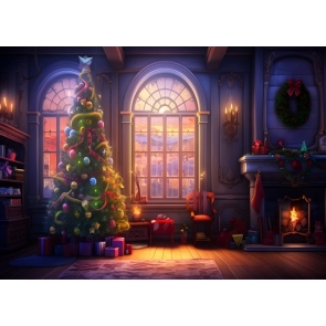 Retro Windows Wooden Room Christmas Tree Backdrop Party Studio Photography Background