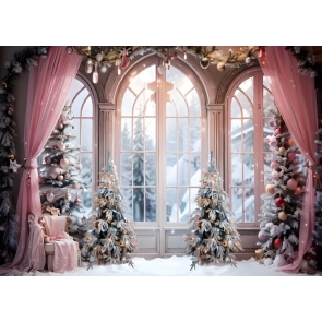 Pink Indoor Window Winter Snow Christmas Tree Backdrop Party Studio Photography Background