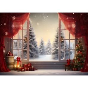 Window Snowy Christmas Tree Backdrop Party Studio Photography Background
